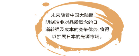 未來(lái)隨著中國(guó)大陸照明制造業(yè)對(duì)品質(zhì)概念的日漸轉(zhuǎn)強(qiáng)及成本的競(jìng)爭(zhēng)優(yōu)勢(shì),將得以擴(kuò)展日本的光源市場(chǎng)。。