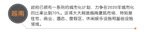 越南政府已頒布一系列的城市化計(jì)劃，力爭在2020年城市化的比率達(dá)到70%。這將大大刺激越南建筑市場，特別是住宅、商業(yè)、酒店、度假區(qū)、休閑娛樂設(shè)施和基礎(chǔ)設(shè)施領(lǐng)域。