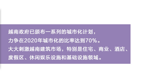越南政府已頒布一系列的城市化計(jì)劃，力爭(zhēng)在2020年城市化的比率達(dá)到70%。大大刺激越南建筑市場(chǎng)，特別是住宅、商業(yè)、酒店、度假區(qū)、休閑娛樂(lè)設(shè)施和基礎(chǔ)設(shè)施領(lǐng)域。