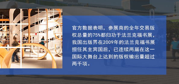 官方數據表明，參展商的全年交易版權總量的75%都歸功于法蘭克福書展，我國出版界在2009年的法蘭克福書展擔任其主賓國后，已連續兩屆在這一國際大舞臺上達到的版權輸出量超過兩千項。