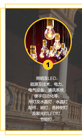 照明及LED、能源及技術、電力，電氣設備、通訊系統(tǒng)、樓宇自動化等；吊燈及水晶燈、水晶燈配件、嵌燈、各種射燈及聚光燈LED燈、節(jié)能燈、