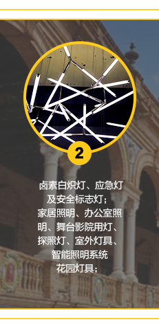 鹵素白熾燈、應急燈及安全標志燈;家居照明、辦公室照明、舞臺影院用燈、探照燈、智能照明系統(tǒng)室外燈具、花園燈具;